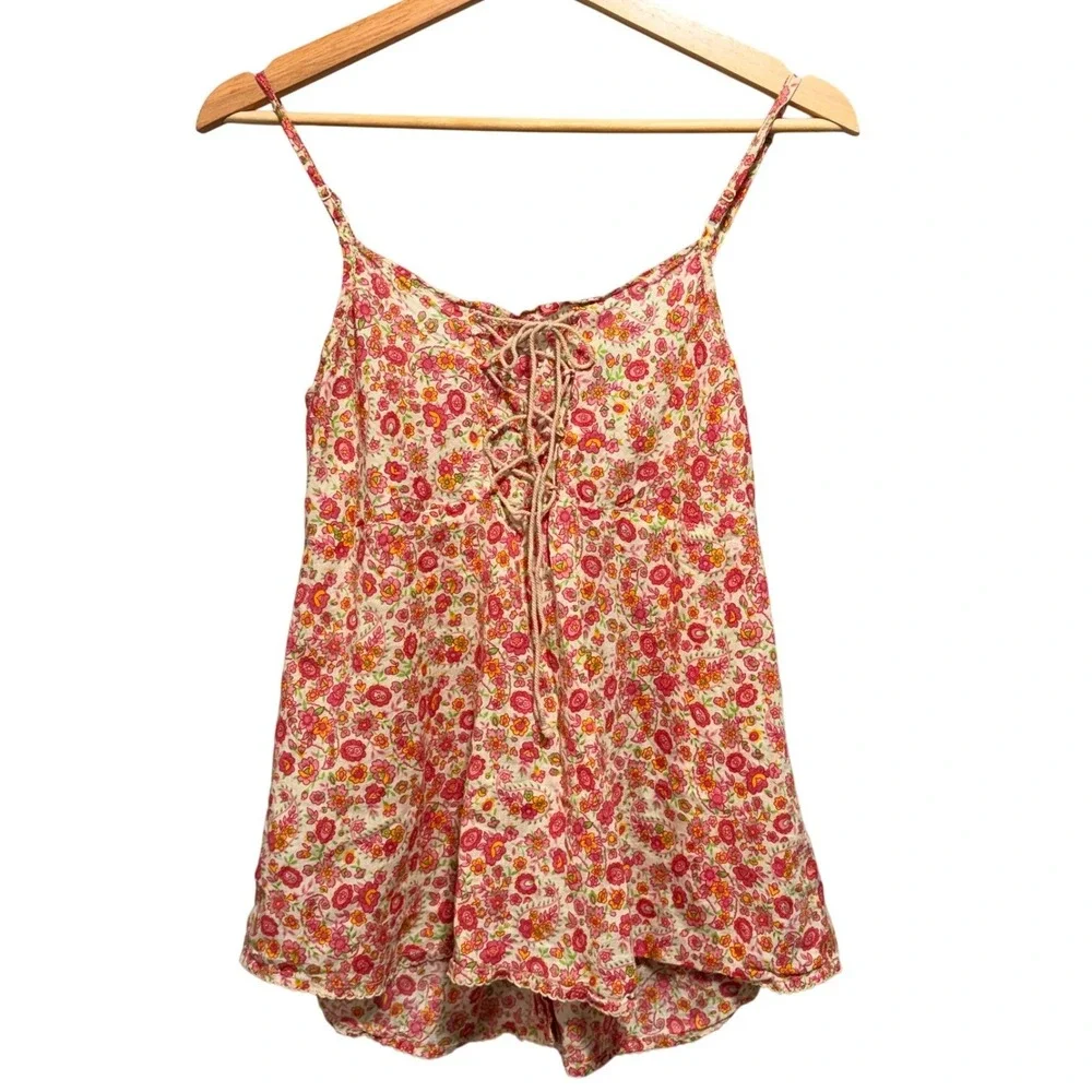 Free People Bohemian Ditsy Floral Lace Up Back Babydoll Cami Tank Top XS Cottage